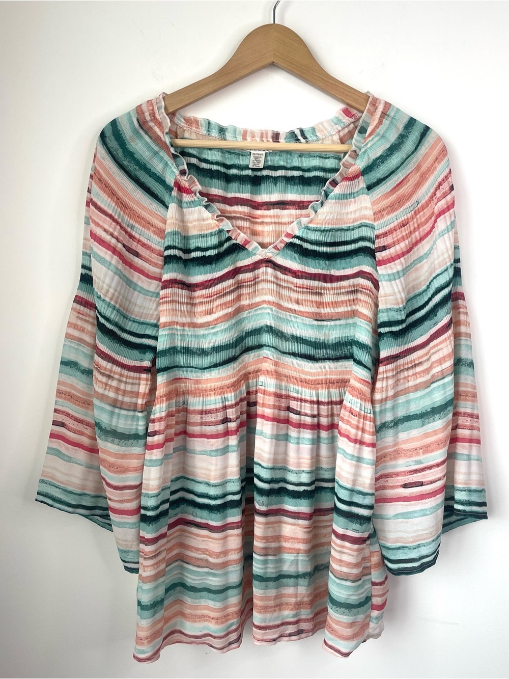 Spense Striped V-Neck Bell Sleeve Tunic in Teal, Coral, Cream, and Black size XL